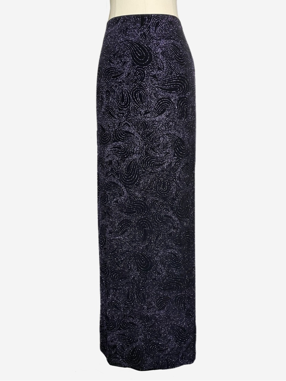 Vintage 90s Bari Jay black purple glitter paisley swirl maxi skirt formal XS